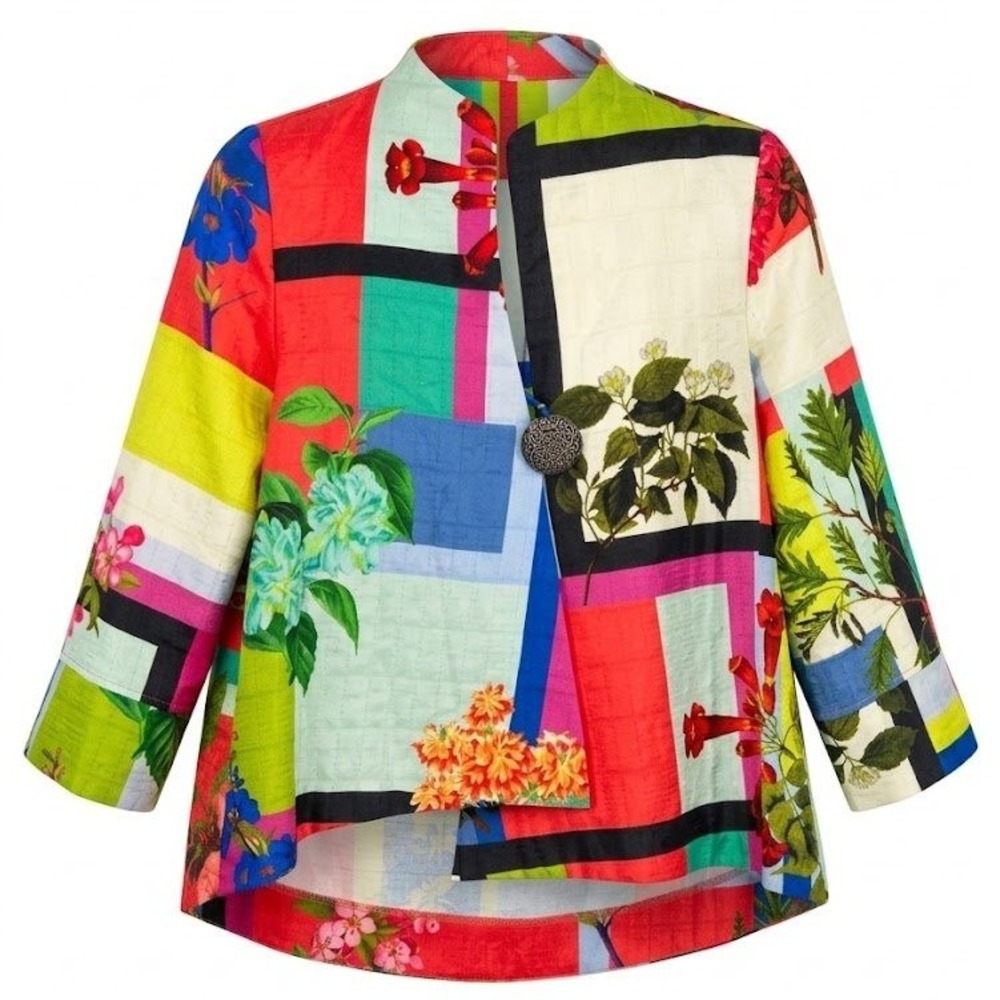 IC Collection Womens Floral Patchwork High Low Jacket Medium Art to Wear